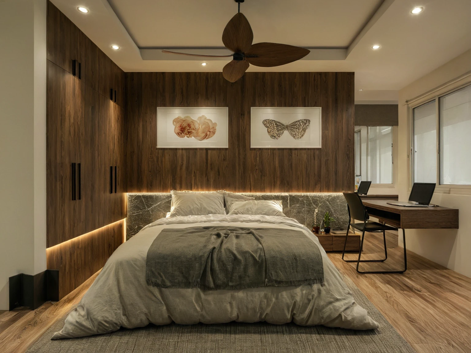 Raw photo, Masterpiece, high quality, best quality, authentic, super detail, interior, indoors, style modern, minimalist line, wooden, dark walnut wood, LED light, white paint wall, LIVING ROOM, PEN HOUSE, wooden window, japan style, wasabi style, Jen style, steel stair, glass railing, paint wall decor, bookshelf, livingroom, Indochine style, bedroom,