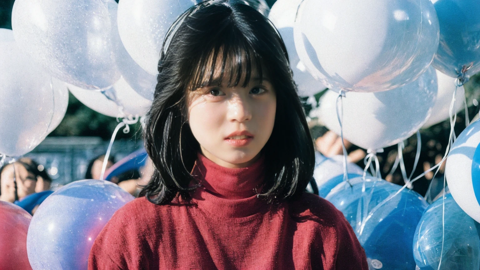 fashion portrait photo of beautiful young woman from the 60s wearing a red turtleneck standing in the middle of a ton of white balloons, taken on a hasselblad medium format camera , akina nakamori , shadow and light