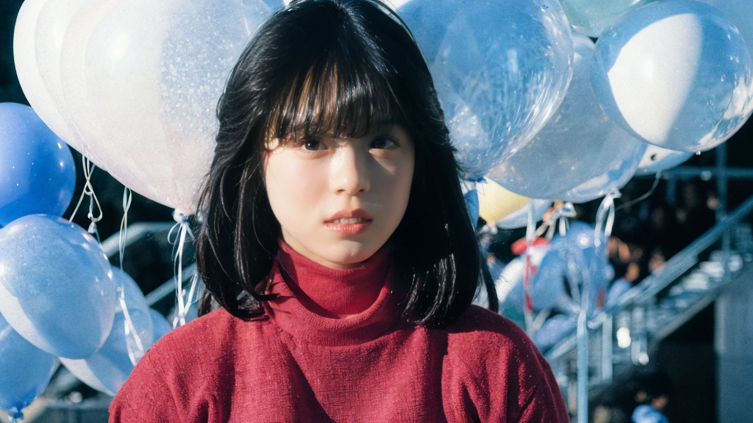 fashion portrait photo of beautiful young woman from the 60s wearing a red turtleneck standing in the middle of a ton of white balloons, taken on a hasselblad medium format camera , akina nakamori , shadow and light