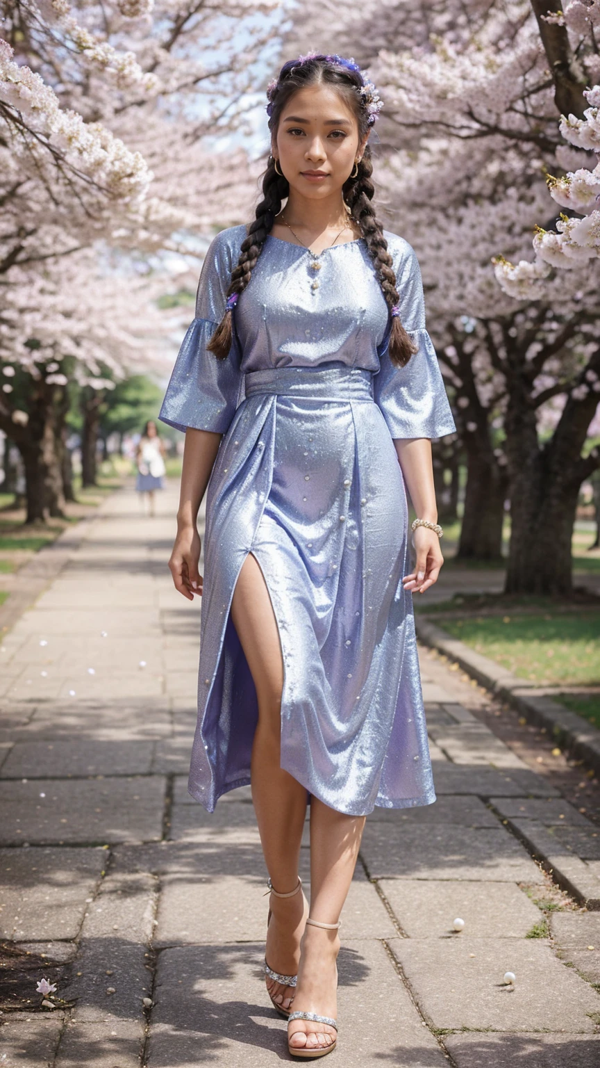 A beautiful young woman, 28 years old, with braids adorned with diamonds in her hair. Wearing a sparkling Thai dress with blue, purple and gold pearls. Wearing white high heels, walking among the cherry blossom trees, looking graceful and beautiful.