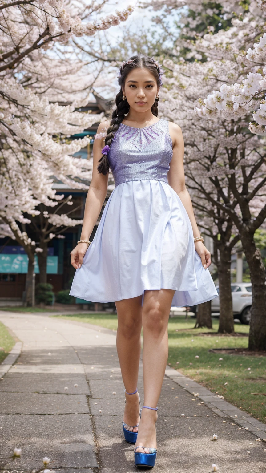 A beautiful young woman, 28 years old, with braids adorned with diamonds in her hair. Wearing a sparkling Thai dress with blue, purple and gold pearls. Wearing white high heels, walking among the cherry blossom trees, looking graceful and beautiful.