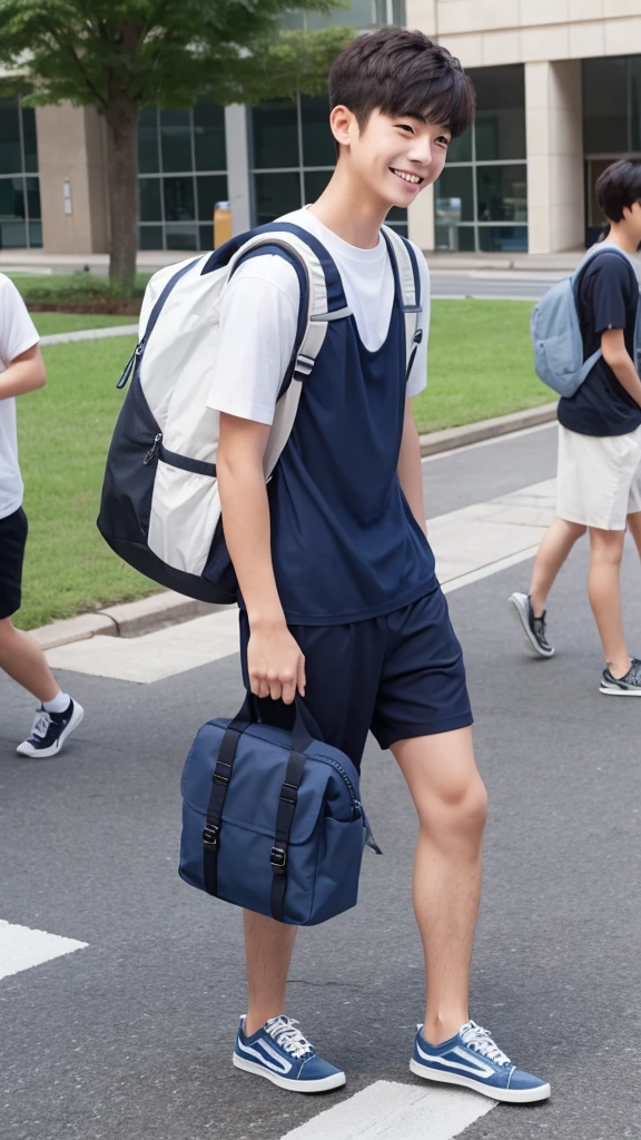 One male college student、Short-haired two-block、Navy blue T-shirt、Carrying a backpack、Looking this way and smiling