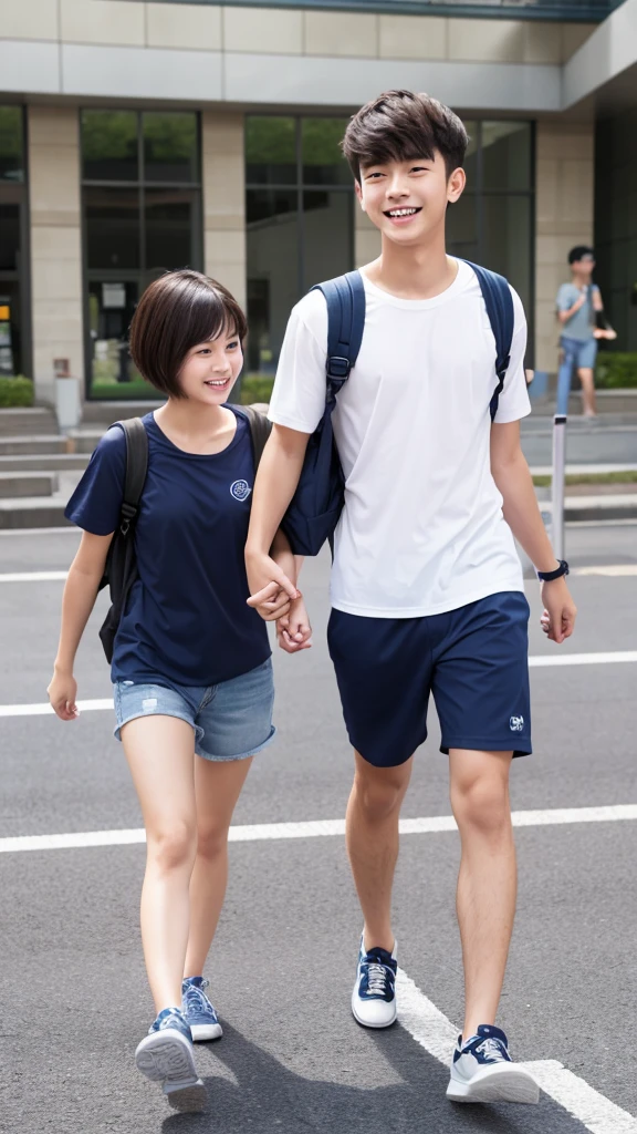 One male college student、Short-haired two-block、Navy blue T-shirt、Carrying a backpack、Looking this way and smiling