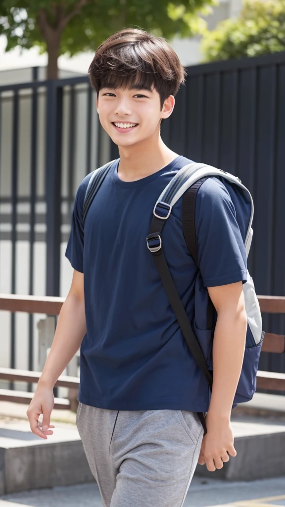 One male college student、Short-haired two-block、Navy blue T-shirt、Carrying a backpack、Looking this way and smiling