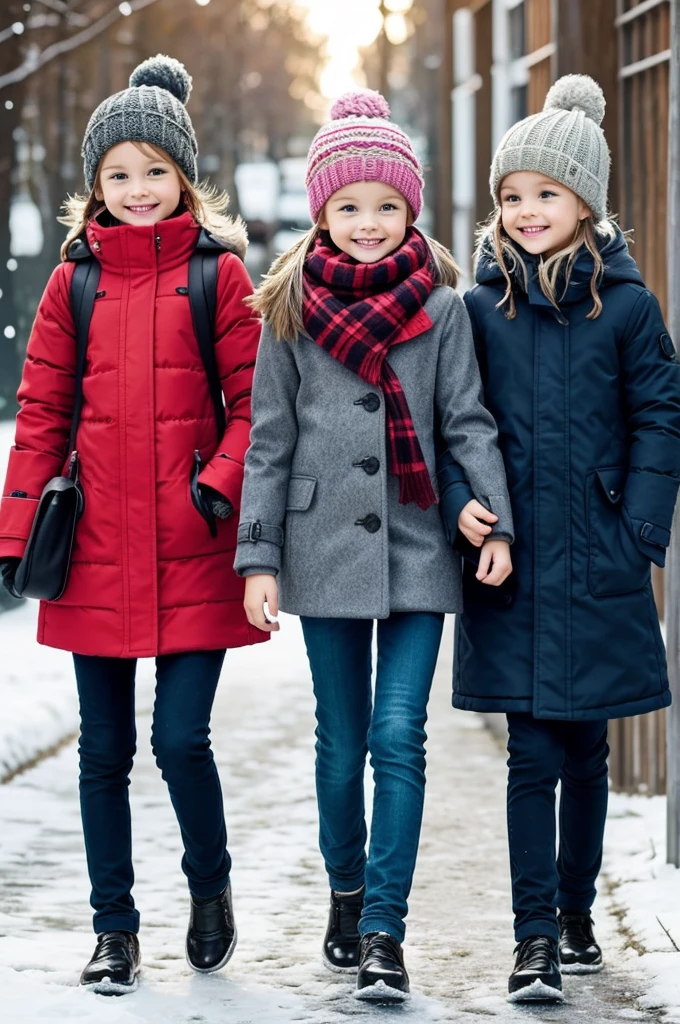 "Design a collection of winter clothing for girls branded 'Gowbess'. Use models to showcase the designs, which should be warm, comfortable, and stylish. Include a variety of pieces such as coats, sweaters, and pants. Ensure the brand name 'Gowbess' is prominently displayed in a playful and youthful font on the clothing. Focus on creating designs that are trendy, age-appropriate, and appealing to both children and their parents."