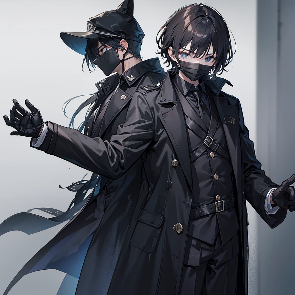 a serial killer man with black trench coat, black gloves, a full head mask