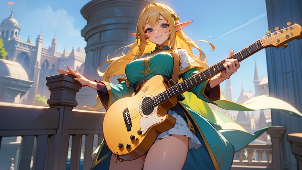 Thick thighs,Anime Style,A detailed background with many people,Magical World,People on the balcony,Smiling bard beautiful elf girl,guitar,Large Breasts