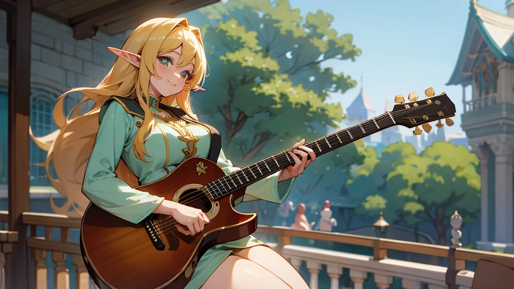 Thick thighs,Anime Style,A detailed background with many people,Magical World,People on the balcony,Smiling bard beautiful elf girl,guitar,Large Breasts