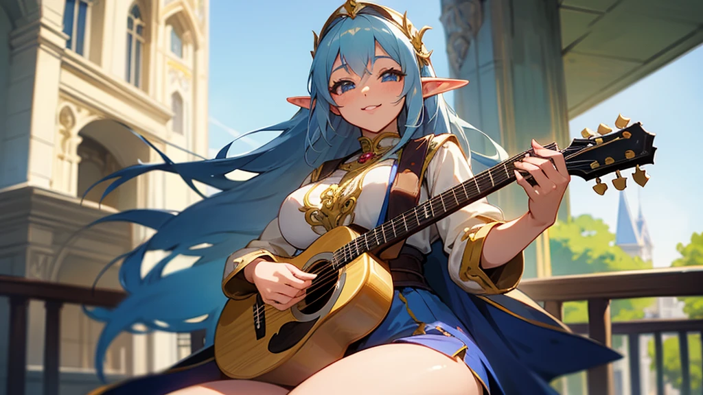 Thick thighs,Anime Style,A detailed background with many people,Magical World,People on the balcony,Smiling bard beautiful elf girl,guitar,Large Breasts