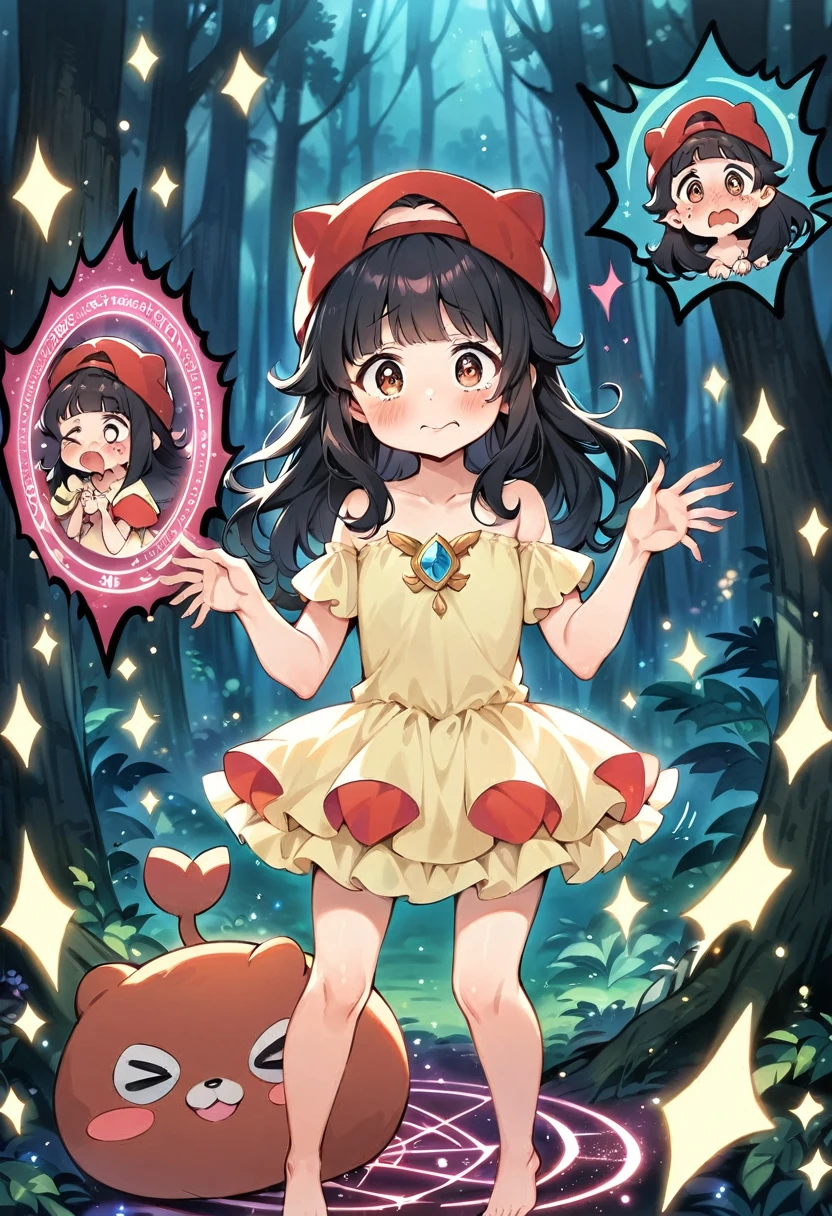 masterpiece, best quality, expressive eyes, perfect face, a man get transformed into a cute ddler princess, solo, surpriced, blushed, black hair, long hair, red baseball cap, brown eyes, full body, bare foot, in a forest, glitter, embarrassed pose, magic circle on the floor. naked, cute animals