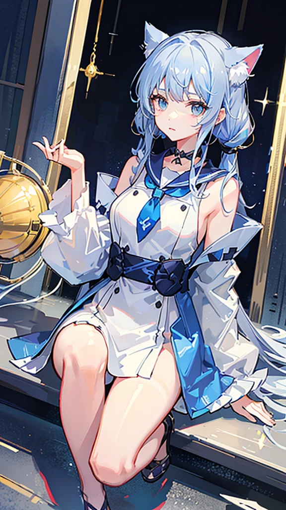 The background is a cat cafe、Cat Tower、Lots of cats、Crystal clear light blue hair、Her hair is gradated and white from the hairline to the middle.、Hair length is up to the knees、A shiny, light blue sailor suit、The hair ornament is glittering gold.、Silver hair ornament、She has big breasts、Adult face、