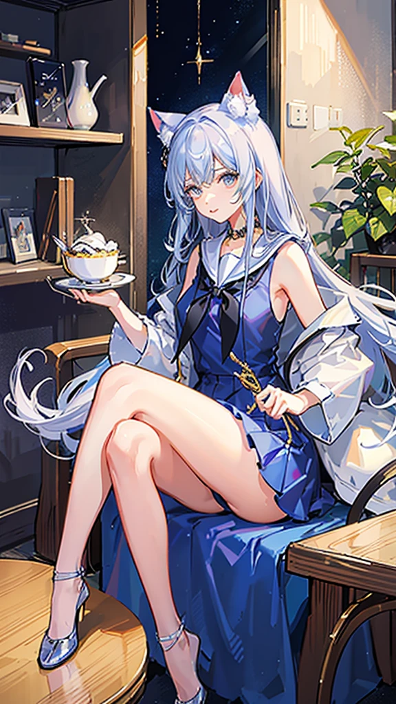 The background is a cat cafe、Cat Tower、Lots of cats、Crystal clear light blue hair、Her hair is gradated and white from the hairline to the middle.、Hair length is up to the knees、A shiny, light blue sailor suit、The hair ornament is glittering gold.、Silver hair ornament、She has big breasts、Adult face、