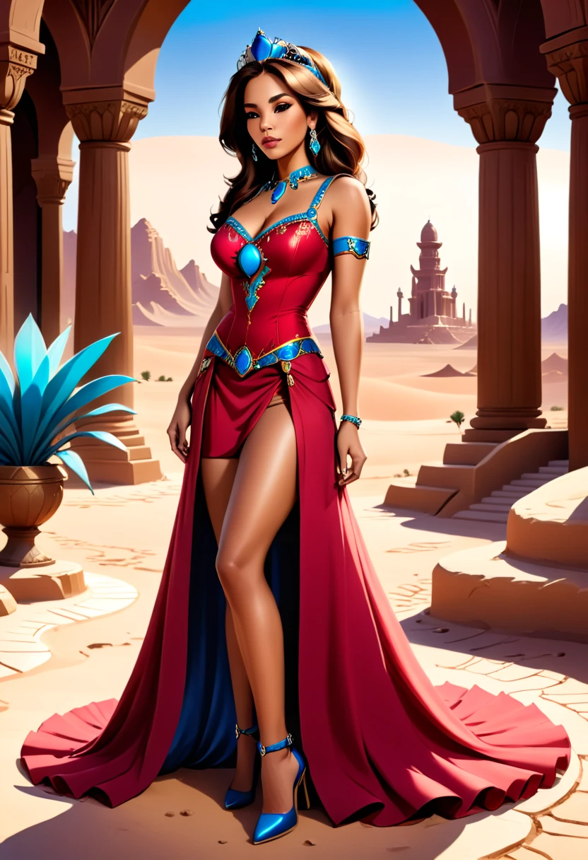 Arafed picture of a desert princess BREAK and her pet cougar in her palace high details, best quality, 16k, f a female human princess and her pet cougar, princess of the desert, full body, ((anatomically correct: 1.5)) ((standing: 1.5)) proudly royalty demeanor, a woman, (best detailed face: 1.5), Ultra Detailed face, wearing red royal desert dress, Arab design, decorated with gems, small cleavage, thigh high intricate leather high heeled boot, thick hair, long hair, brown hair, tan skin intense brown eyes, her desert large cougar lying at her feet, guarding her, an epic fantasy desert palace in an oasis in the background (intricate details, Masterpiece, best quality: 1.5) night, moon light, stars  ,Wide-Angle, award winning, best quality, high quality, high details, highres, vibrant, Ultra-high resolution, High Contrast, (masterpiece:1.5), highest quality, Best aesthetics, best details, best quality, highres, ultra wide angle, 16k, [ultra detailed], masterpiece, best quality, chumbasket art style, high heels, thighhighs, princess dress