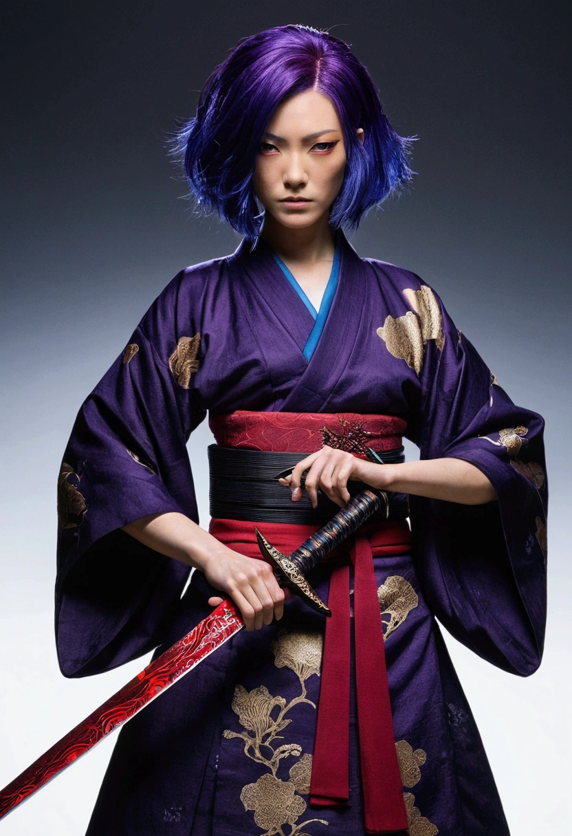 A woman in a red and black kimono,tiene Purple Hair oscuro,Purple Hair,His face is serious,Iris,He holds the hilt of a sword that radiates fluid blue energy........