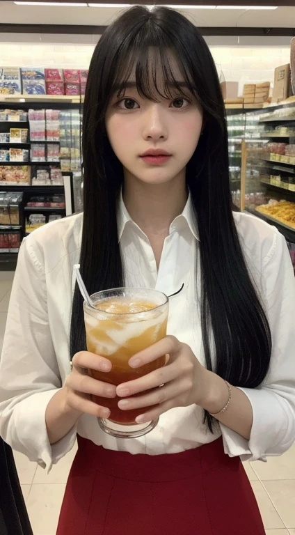 high resolution、Black Hair、long hair、With bangs、Have a drink、Taking a selfie、woman、20-year-old、The background is inside the store、Blur the background、Double、Japanese、White Shirt、Black Skinny