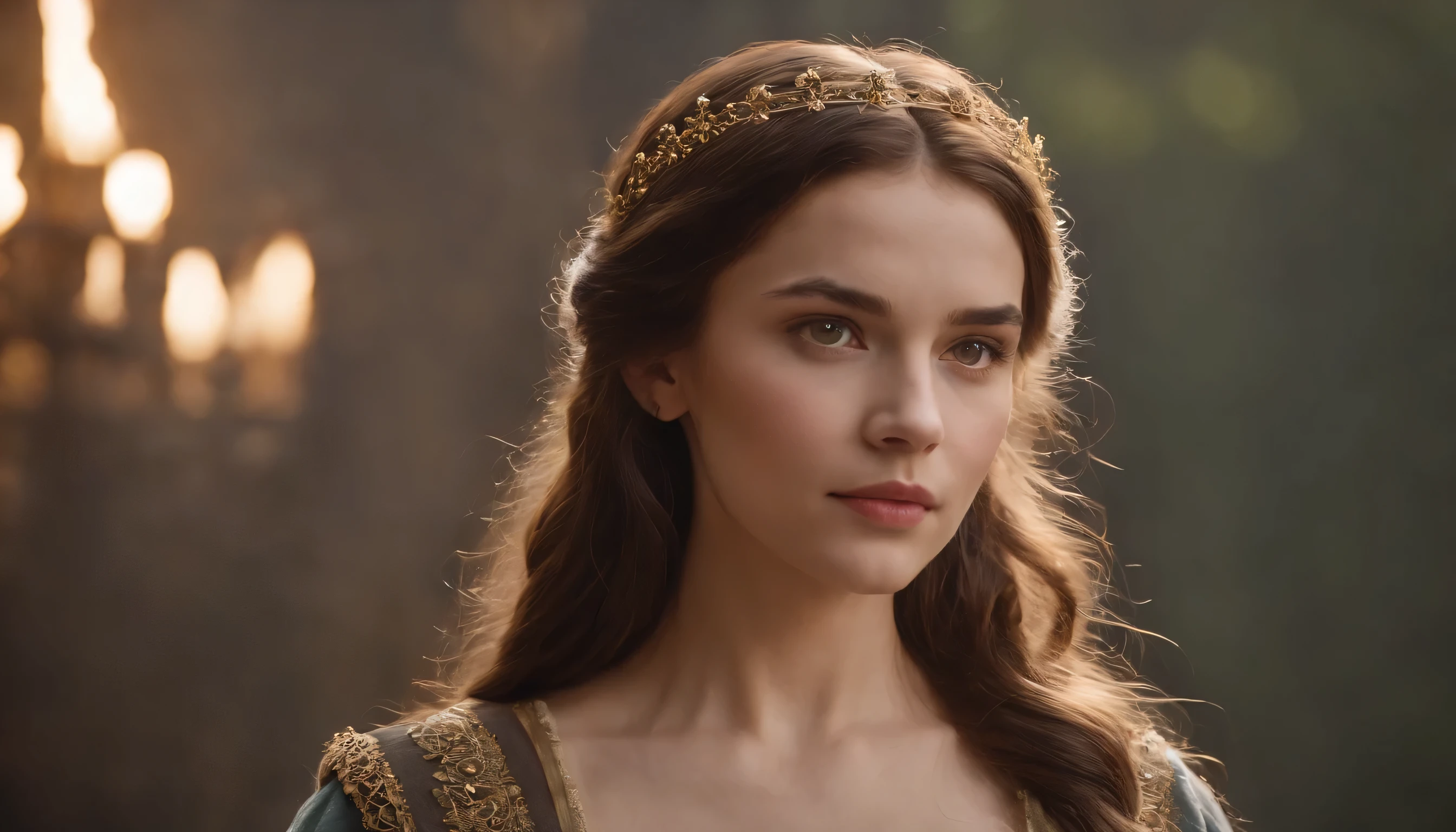 A young woman standing with brown hair and honey eyes from medieval times with a very dark background, a very beautiful young woman