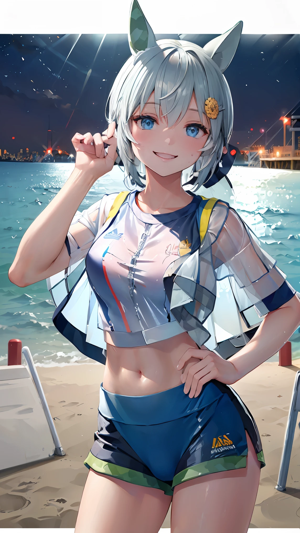 masterpiece, Highest quality, High resolution, Very detailed,(((Seiun Sky))), (((See-through sportswear))), (((smile))), Beach at night, Pink Bra