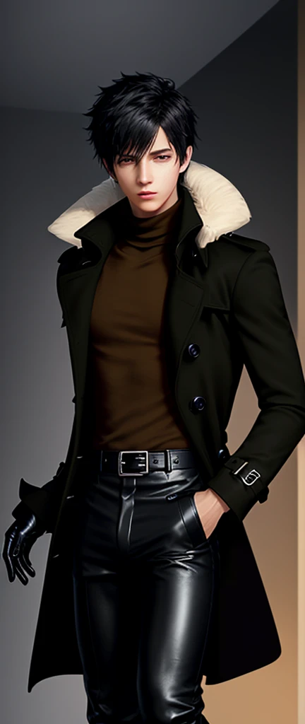 Final fantasy taste and reality graphics, Japanese young cute and cool ikemen  boy, his age is early 20s, thin eyebrows and beady eyes,  he wearing orange beige color double brest very thick trench coat, with a black color neck fur.,neck fur is black color, must black neck fur,
Must tighten your belt og coat, with epaulet, must close the front of the trench coat,, must trench coat cloth the front, also wearing black very thick turtleneck lackluster shirts,  tight black leather pants, shiny black leather tight and must put on a thin leather glove both hands, black leather knee-high raceup boots,must views  head-to-toe,must views whole body, boy looks like fashion model,Do not show skin from the neck down,leather jacket leather glove and leather pants have few wrinkles,boy in the room,,Avoid showing your innerwear,must close coats waist belt.