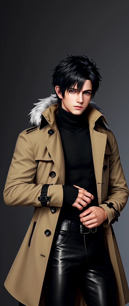 Final fantasy taste and reality graphics, Japanese young cute and cool ikemen  boy, his age is early 20s, thin eyebrows and beady eyes,  he wearing orange beige color double brest very thick trench coat, with a black color neck fur.,neck fur is black color, must black neck fur,
Must tighten your belt og coat, with epaulet, must close the front of the trench coat,, must trench coat cloth the front, also wearing black very thick turtleneck lackluster shirts,  tight black leather pants, shiny black leather tight and must put on a thin leather glove both hands, black leather knee-high raceup boots,must views  head-to-toe,must views whole body, boy looks like fashion model,Do not show skin from the neck down,leather jacket leather glove and leather pants have few wrinkles,boy in the room,,Avoid showing your innerwear,must close coats waist belt.