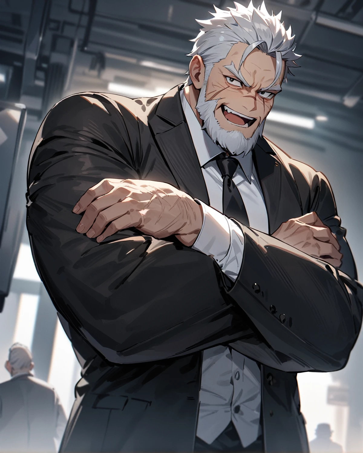 masterpiece, best quality, very aesthetic, absurdres, 1man, old man, solo, silver hair, very short hair, spiky hair, black eyes, beared, white beared, black jacket, white shirt, collared shirt, black necktie, smile, open mouth, upper teeth, brawny, cross arms, scar, face scar, looking at viewer, cowboy shot