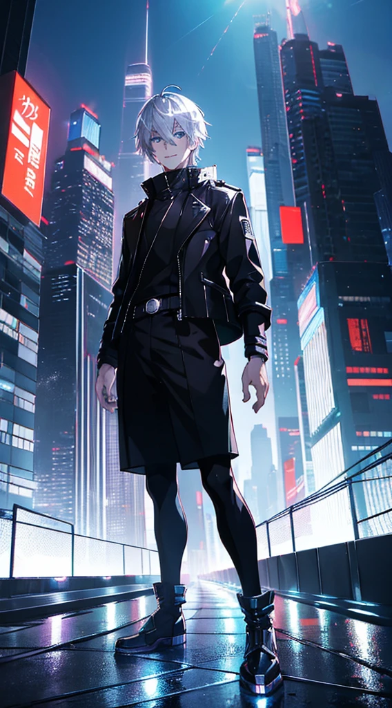 (Man), (Anime Character), (Solo), A man, anime style with messy silver hair, dressed all in black, standing on top of a tall building, full body photo, bright blue eyes, smile, urban background and building lights, electric spark effect, dynamic lighting, vivid colors, detailed image tall, wide viewing angle.
