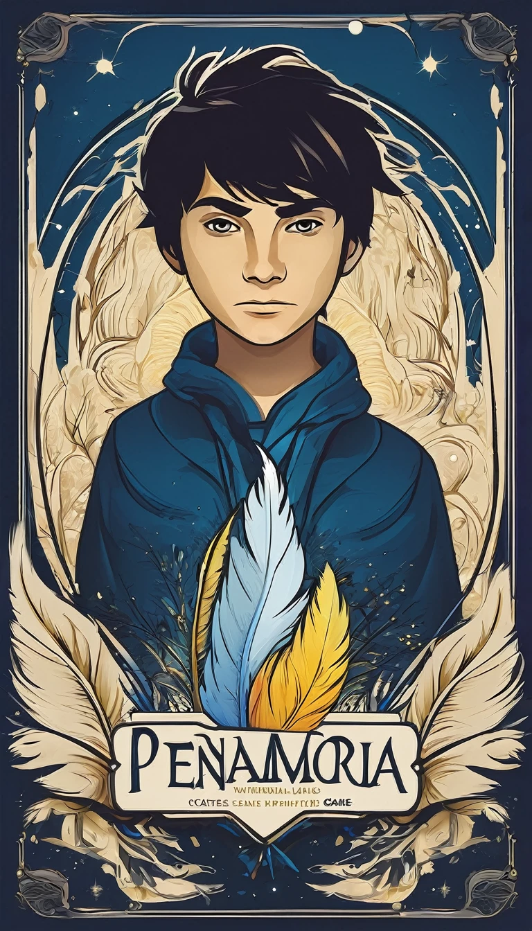 Create a minimalistic, simple, fantastic, easy to understand, logo design of a boy and a feather for an upcoming Fantasy Role Playing Game called " Penamemoria". The game is about a world full of bird and feathers. A boy enters that world and discovers his true artistic identity. Create a logo design that transmits the essence of this videogame. It´s a fantasy game, with fantasy elements. Create the logo in the center and a fantasy theme as background. Use the colours blue, white, yellow in the logo. The logo design must convey a sense of fantasy, dreams and music. Must convey a feeling of being a true Dreamer