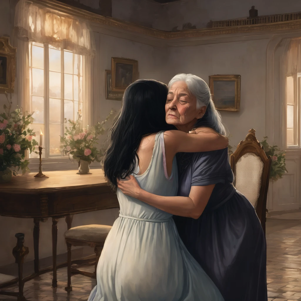 the place is a castle. specifically in a dining room, A young woman who has a nightgown with long, wavy black hair is crying while an elderly woman comforts her by hugging her.