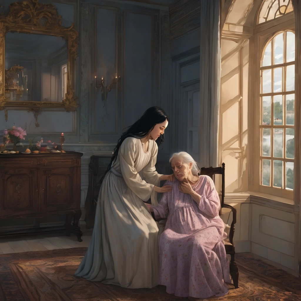 the place is a castle. specifically in a dining room, A young woman who has a nightgown with long, wavy black hair is crying while an elderly woman comforts her by hugging her.