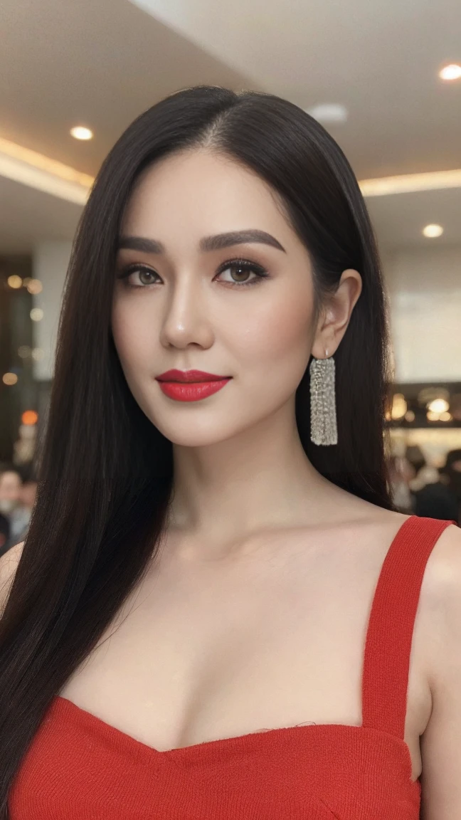 From below, full body shot of a gorgeous Indonesian woman black messy hair, red lipstick, sensual Lipstick, Sensational Make up, age 25, nice hair style, she's a men magazine model, She has a subtle smile and stare with the camera, (she’s in the mall and crowd of people ), (she’s wears a blouse, cleavage), perfect eyes, perfect hands, perfect body, ((perfect hair)), perfect breast, crossing arms, hair behind ear, UHD, retina, masterpiece, accurate, anatomically correct, textured skin, super detail, high details, high quality, award winning, best quality, highres, 16k, 8k, cinematic lighting