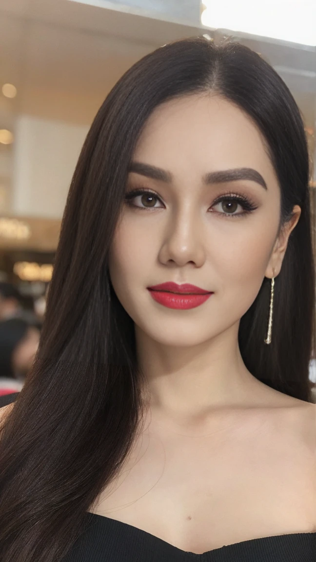 From below, full body shot of a gorgeous Indonesian woman black messy hair, red lipstick, sensual Lipstick, Sensational Make up, age 25, nice hair style, she's a men magazine model, She has a subtle smile and stare with the camera, (she’s in the mall and crowd of people ), (she’s wears a blouse, cleavage), perfect eyes, perfect hands, perfect body, ((perfect hair)), perfect breast, crossing arms, hair behind ear, UHD, retina, masterpiece, accurate, anatomically correct, textured skin, super detail, high details, high quality, award winning, best quality, highres, 16k, 8k, cinematic lighting