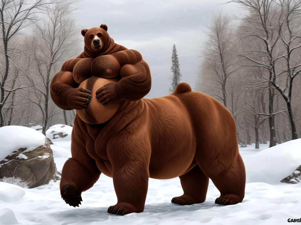 ((Masterpiece)),((Hight quality)),((Hught Detailed)),((Realistic,)) Anime Artistic masterpiece art, Zootopia movie, Obese muscle bear (massive obese, strong legs and arms, hairy, incredibly big looking) Long shot photo, Real life, Bear (Massive, broad shoulders, strong legs and arms, hairy) He is a adventure Feral Bear gaining all the weight he can, getting fatter and fatter, inflating every part of his body for his wintering phase in the forest, reaching the size of a whale