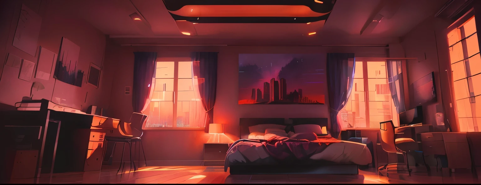 There is a bed in the room,There are many windows, Alena Aenami's style, byAlena Aenami, Ilya Kuvshinov Landscapes, The art of Alena Émi, Cyberpunk bedroom at night, inspired byAlena Aenami, Studio Ghibli bedroom, anato finnstark 和 alena aenami, Anime Background Art