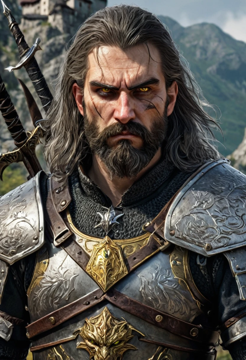 Image of a man who is a witcher , long hairs and beard , cat eye , yellow eyes, man with angry expression , man covered with armour , 2 swords on the back , witcher medallian on the neck,man inside castle , mountain scenery ,