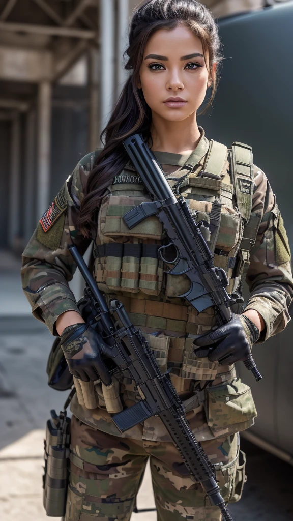 ((masterpiece、top-quality、realisitic、ultra-detailliert、hight resolution、Photorealsitic、foco nítido、lighting like a movie))、Stunning portrait of a beautiful woman、bustshot、Focus from the chest up、sad Facial expression、Beautiful detailed eyeedium Hair、Army camouflage uniform、Camouflage Tactical Vest、Long trousers with camouflage pattern、Combat gloves、rucksack、Black Military Undershirt、Tanks on the background、White smoke、Detailed hand depiction、Latina, large breast, aiming riffle
