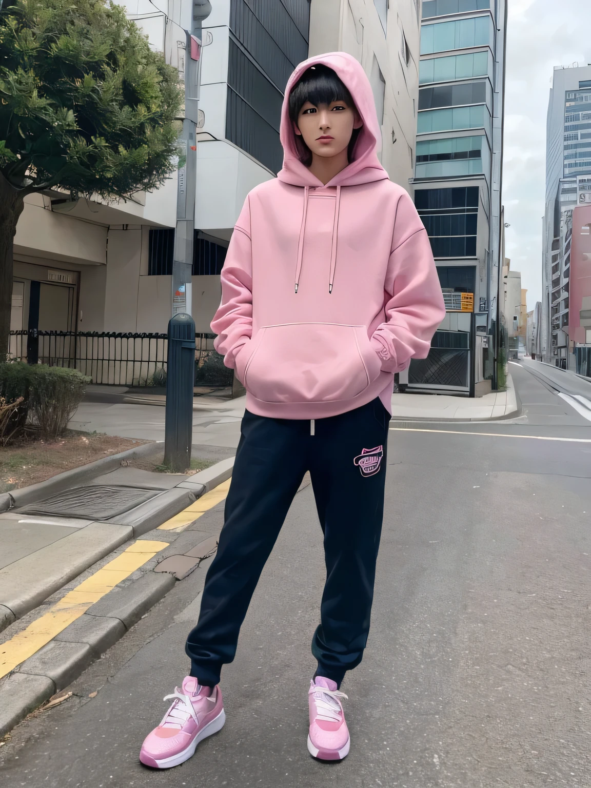 1 person、20-year-old male、neutral、Dark Brown Hair、Wearing a pink hoodie、feminine、Wearing 7/8 length jeans、Wearing pink sneakers、anime
