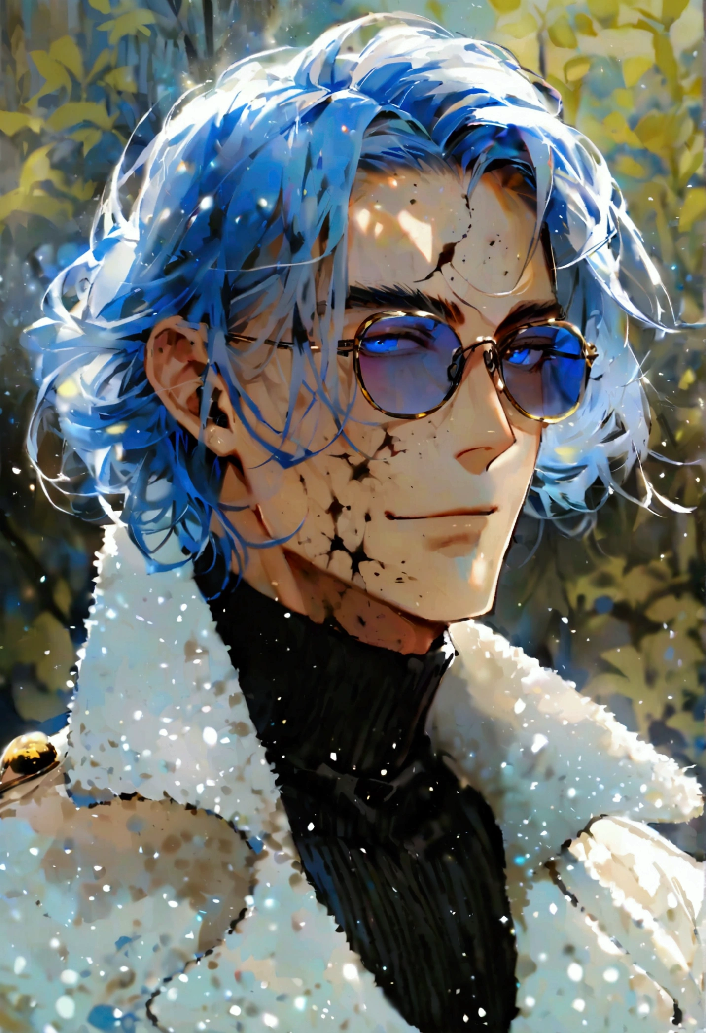 There is a tall man with wide shoulders, wearing a white overcoat, and a black turtleneck. He has a slender body. He has light blue hair, in a shoulder length, middle part flow hairstyle. He also has dark, piercing blue eyes, thin rectangular sunglasses, and a slight smile.