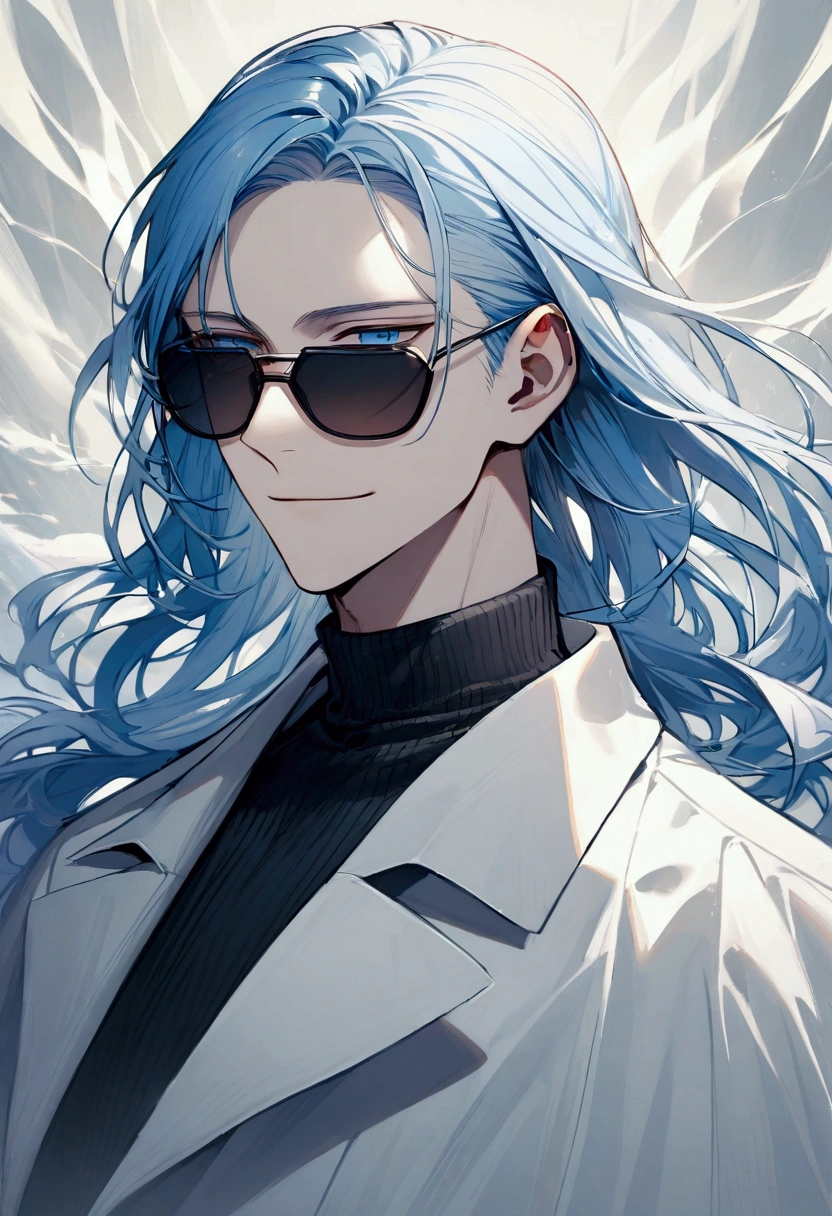 There is a tall man with wide shoulders, wearing a white overcoat, and a black turtleneck. He has a slender body. He has light blue hair, in a shoulder length, middle part flow hairstyle. He also has dark, piercing blue eyes, thin rectangular sunglasses, and a slight smile.