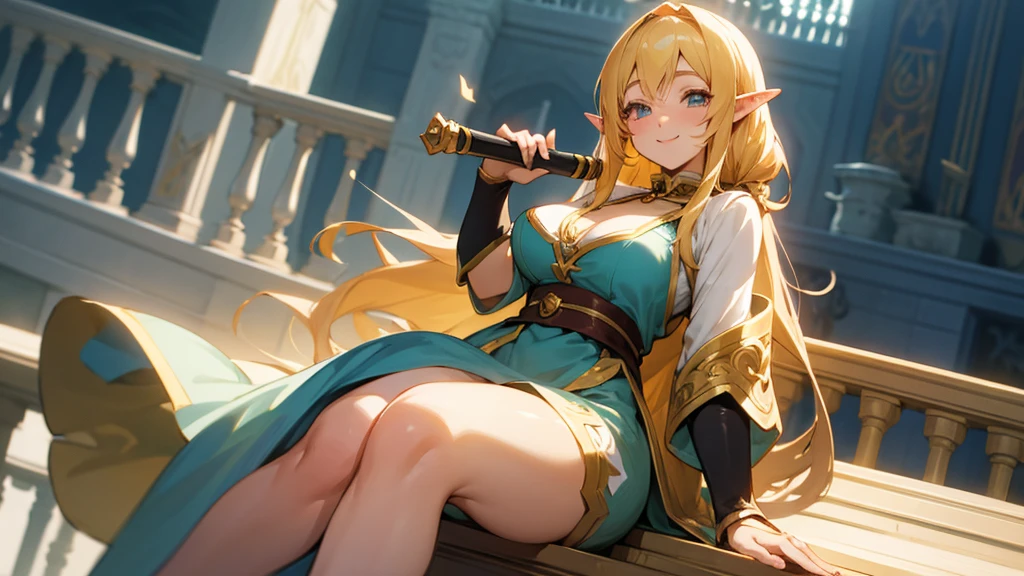 Thick thighs,Anime Style,A detailed background with many people,Magical World,People on the balcony,Smiling bard beautiful elf girl,Overreaching,Large Breasts