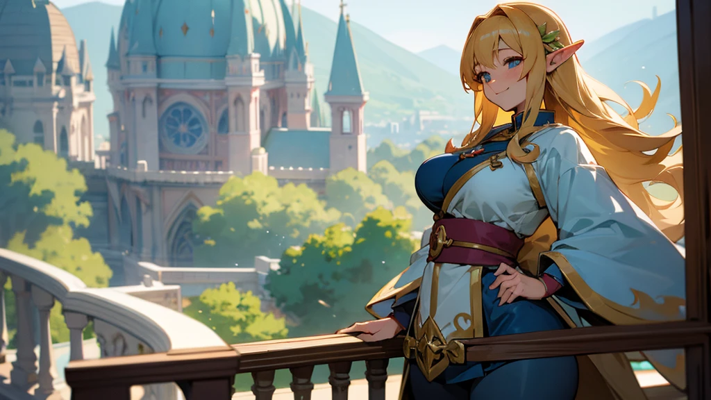 Thick thighs,Anime Style,A detailed background with many people,Magical World,People on the balcony,Smiling bard beautiful elf girl,Overreaching,Large Breasts