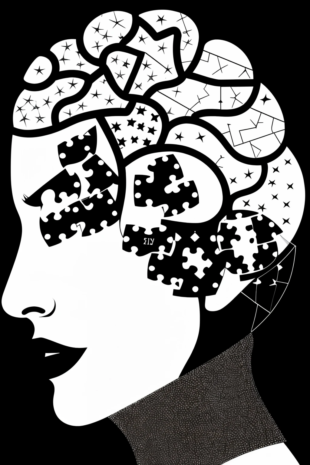 A black and white silhouette illustration depicting the brain as a complex and fragmented puzzle, with pieces scattered everywhere. The silhouette of the woman is in the center, trying to put the pieces together. With the diagnosis and understanding, the pieces gradually begin to fit together, forming a coherent and complete pattern, symbolizing the understanding and order that the diagnosis of ADHD brings.