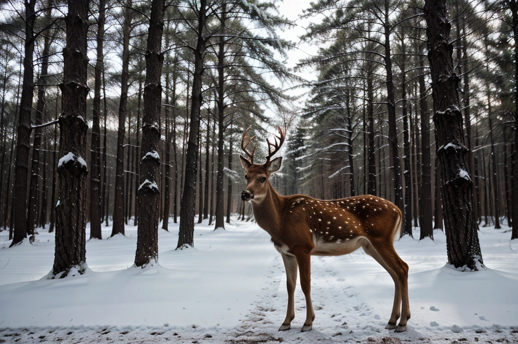 a deer that is standing in the snow, fine art, dark forest background, portrait”, artwork, foto
