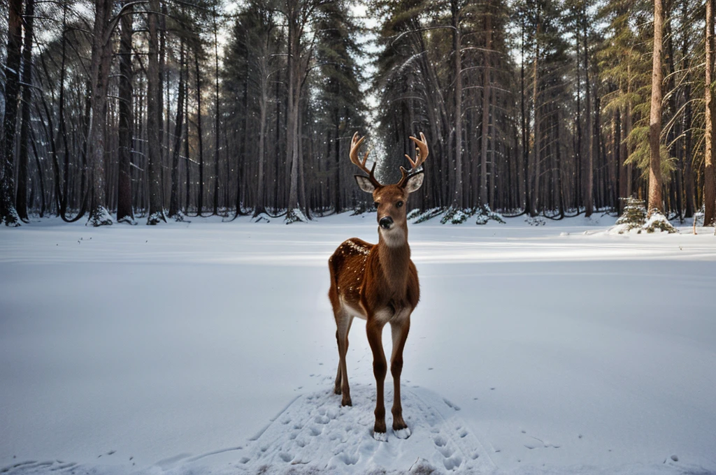 a deer that is standing in the snow, fine art, dark forest background, portrait”, artwork, foto