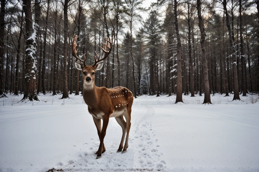 a deer that is standing in the snow, fine art, dark forest background, portrait”, artwork, foto