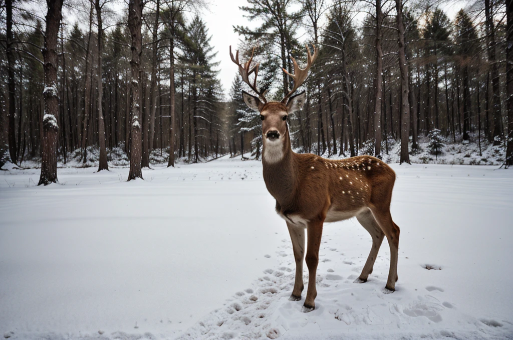 a deer that is standing in the snow, fine art, dark forest background, portrait”, artwork, foto
