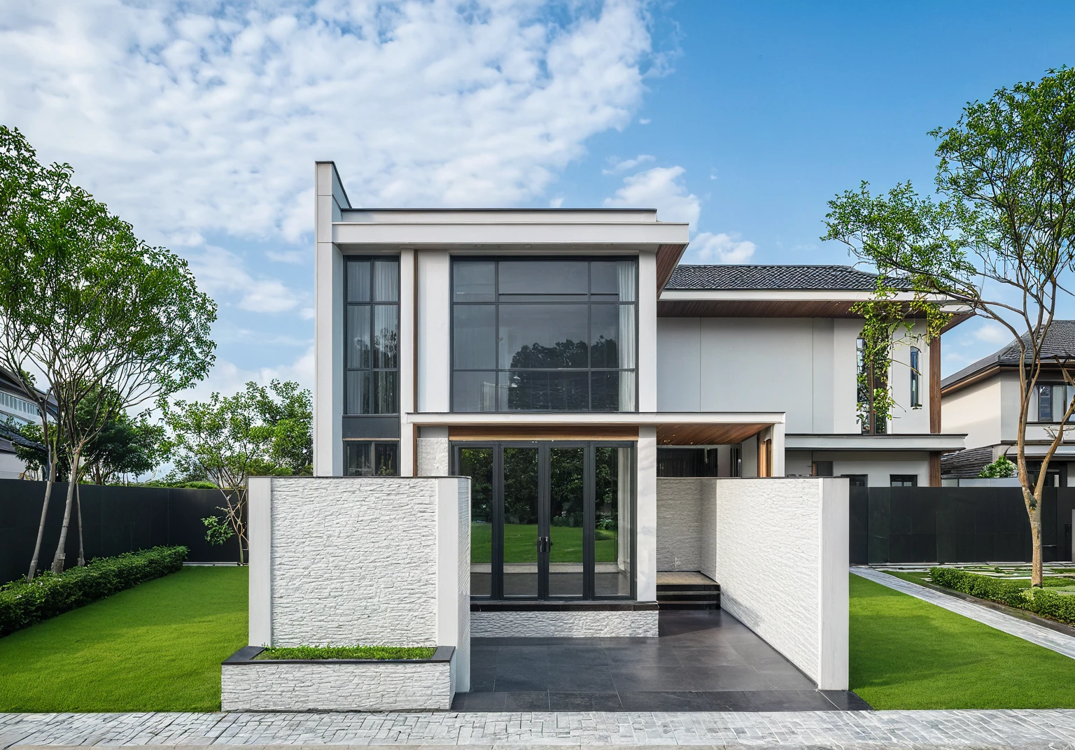 masterpiece, High Quality, best quality, true, super detailed, out side, one-story villa, yay, yaygroup, stone walling, phong cách ngôi nhà hiện đại trên sugar phố, cầu thang, white wall, sugar, pavement, grass, plant, firmament, cloud, (daylight :1.1)