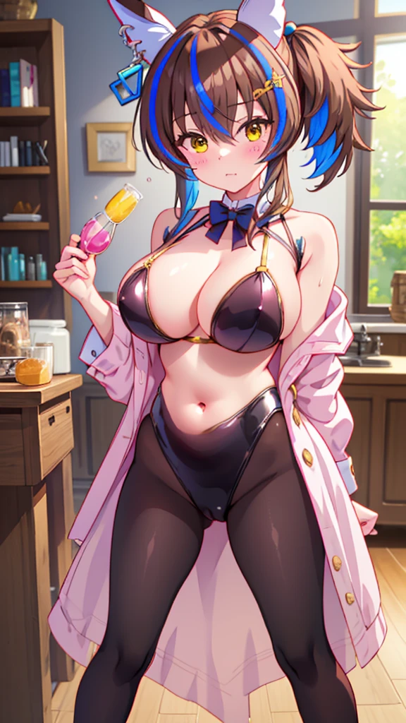 Highest quality,masterpiece, best resolution, nsfw, 1 girl, reverse bunny, huge breasts,pink nipple, belly button, shaved pussy,indoor, blush, standing, looking at viewer, horse ears, horse tail, Daitaku Helios