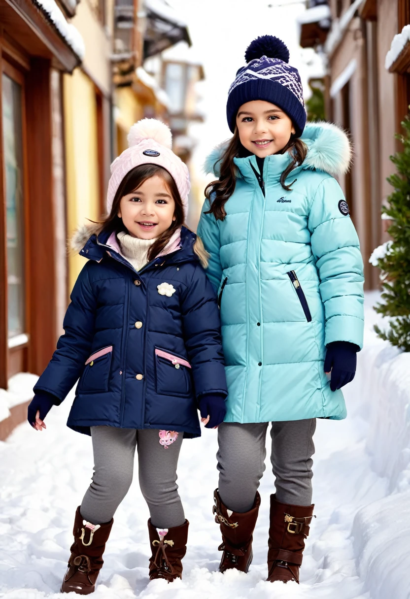 "Design a collection of winter clothing for girls branded 'Gowbess'. Use models to showcase the designs, which should be warm, comfortable, and stylish. Include a variety of pieces such as coats, sweaters, and pants. Ensure the brand name 'Gowbess' is prominently displayed in a playful and youthful font on the clothing. Focus on creating designs that are trendy, age-appropriate, and appealing to both children and their parents."