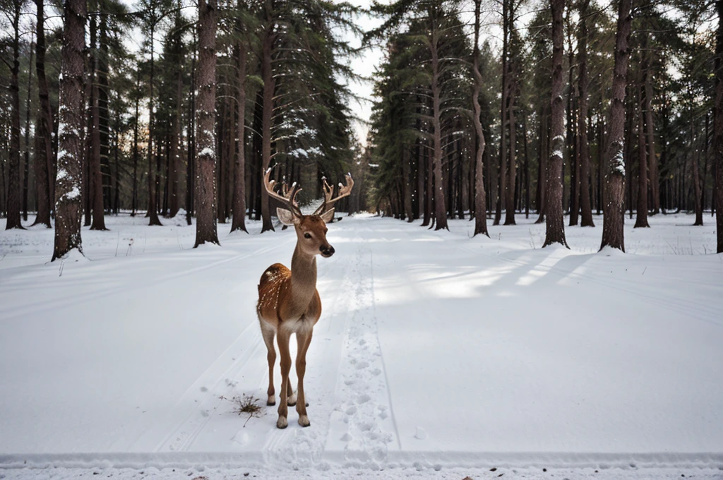 a deer that is standing in the snow, fine art, dark forest background, portrait”, artwork, foto