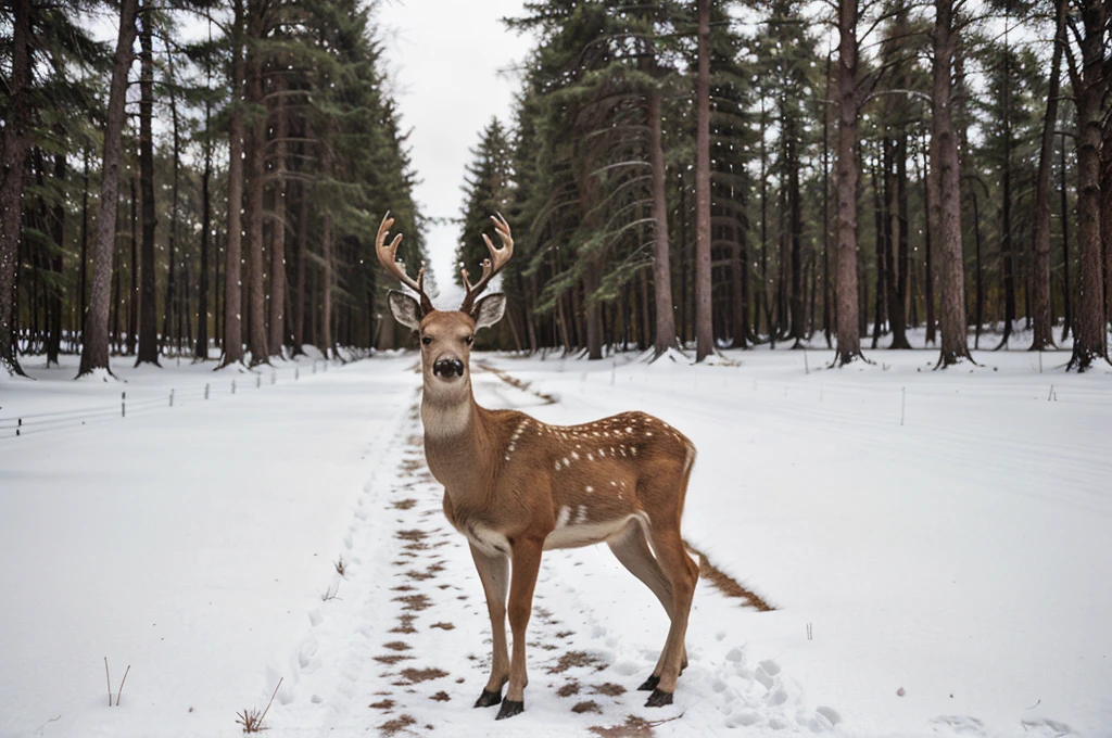 a deer that is standing in the snow, fine art, dark forest background, portrait”, artwork, foto