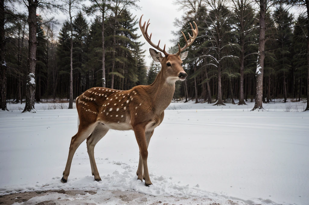 a deer that is standing in the snow, fine art, dark forest background, portrait”, artwork, foto